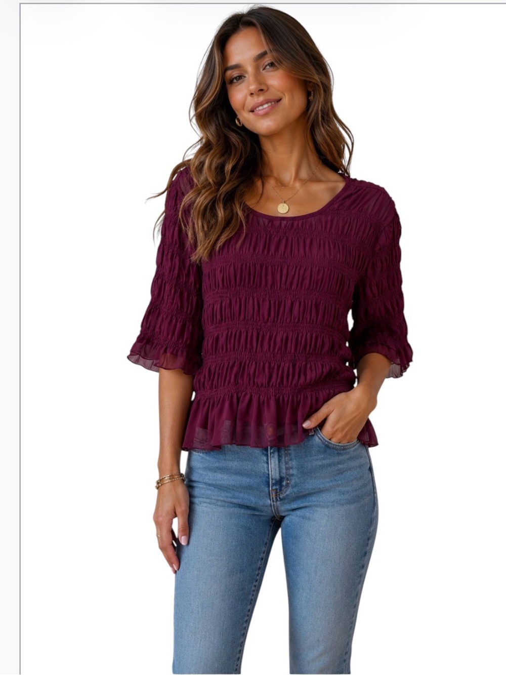 Express 2-Piece Smocked Peplum Blouse - Wine